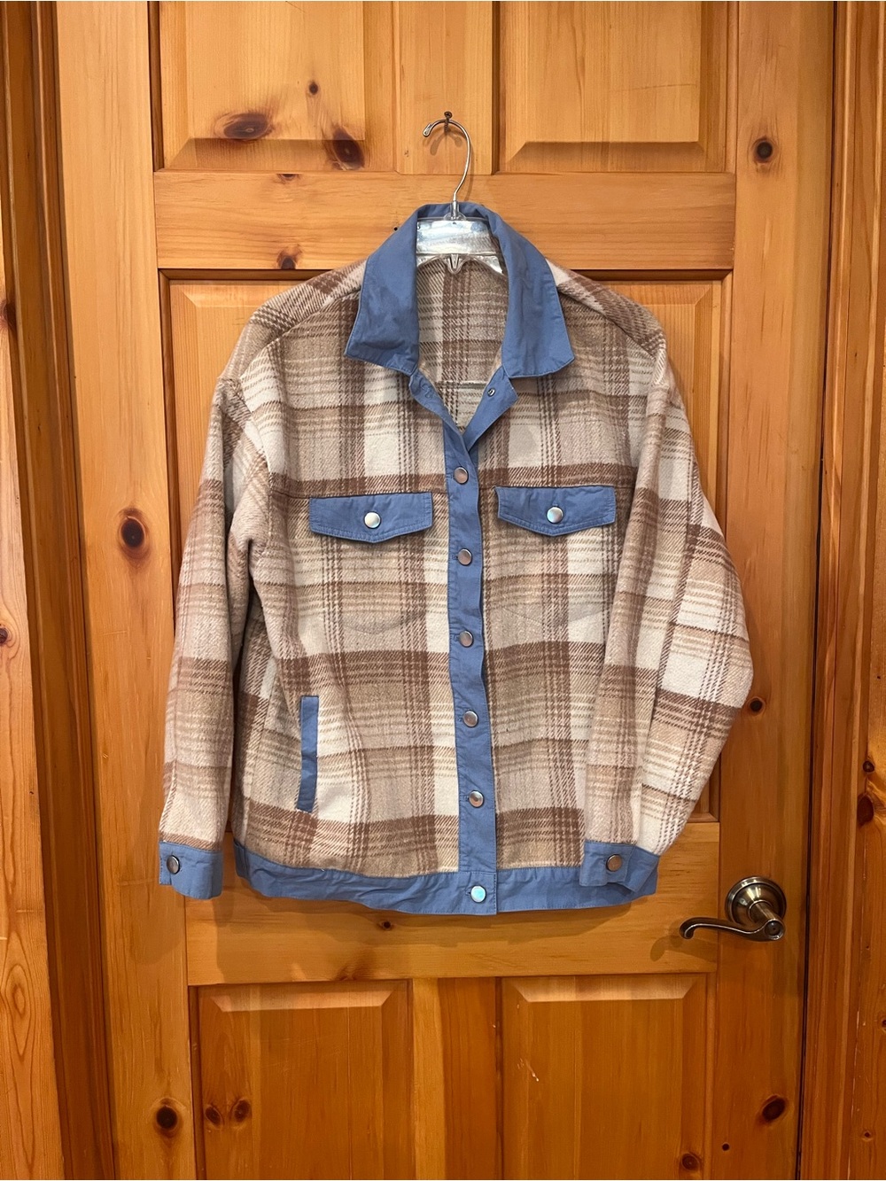 Plaid Wool-Blend Button Jacket with Blue Trim - Women's